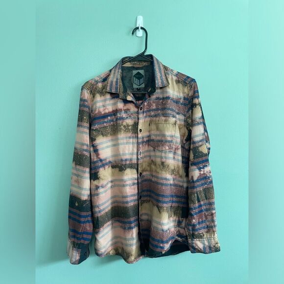 Upcycled Splatter Bleached Orange Navy Plaid Oversized Flannel Mens M - Picture 3 of 10